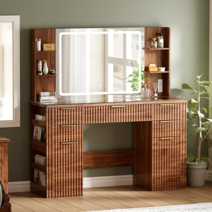 47.2" Fluted Makeup Vanity Desk with Large, 28.7" Mirror and Lights, view 2