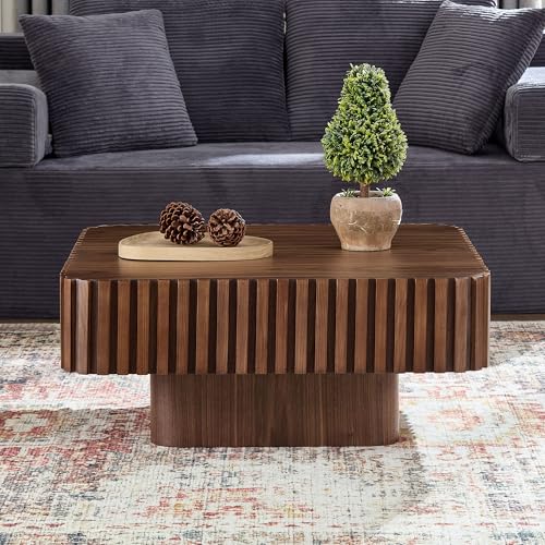 35.43" Square Coffee Table with Sturdy Base, Modern Luxury Wood Drum Center Table Accent End Side Table for Living Room, Minimalist Fluted Design, Walnut