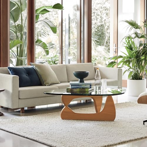 Triangle Glass Coffee Table Vintage Glass End Table, Solid Wood Base and Triangle Clear Glass Top Modern End Table for Living Room, Patio, Study (Light Walnut)