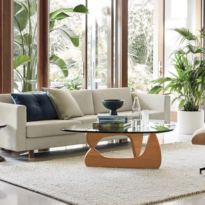 Triangle Glass Coffee Table Vintage Glass End Table, Solid Wood Base and Triangle Clear Glass Top Modern End Table for Living Room, Patio, Study (Light Walnut)