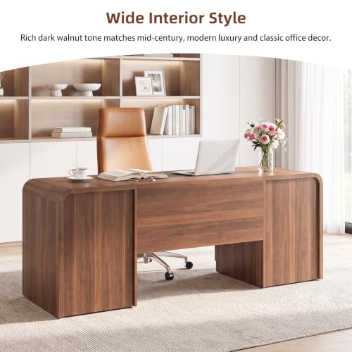 71" Walnut Executive Desk with Drawers, Home Office Desk with Storage, view 8