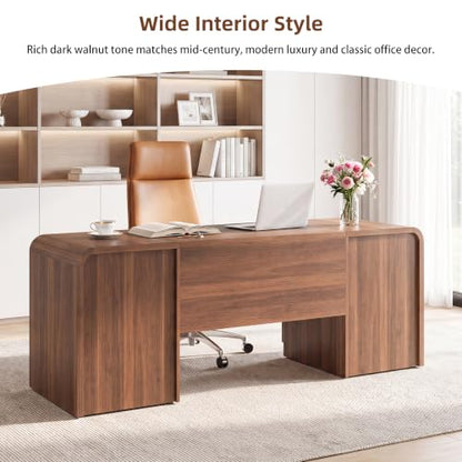 71" Walnut Executive Desk with Drawers, Home Office Desk with Storage, view 8
