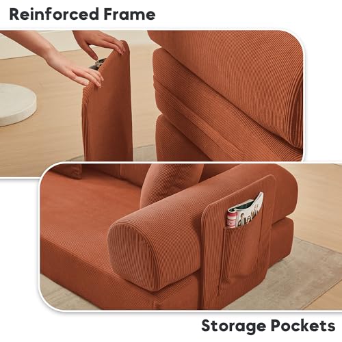 L Shaped Modular Sofa Bed with Cylindrical Pillow & Reversible Chaise, Corduroy Folding Floor Convertible Sofa Couch Bed with Fixed-Shape Frame & Storage Pocket for Living Room, Orange