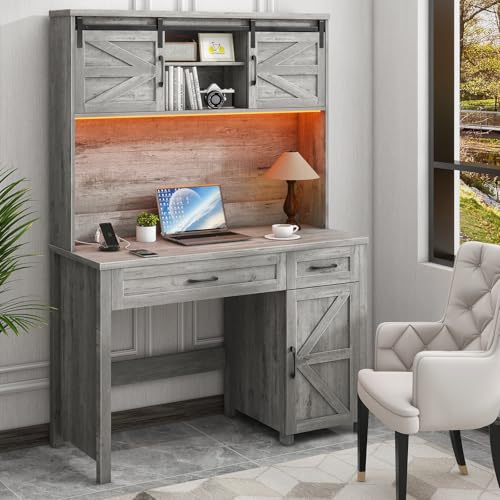 Farmhouse 47" Computer Desk with Hutch, Workstation, Grey, view 2