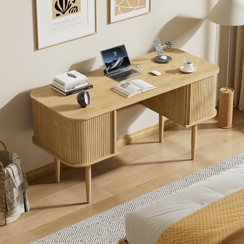 55" Modern Writing Desk with Sliding Doors, Wood Home Office Desk with Storage, Computer Desk for Study, Living Room, Dorm, Natural