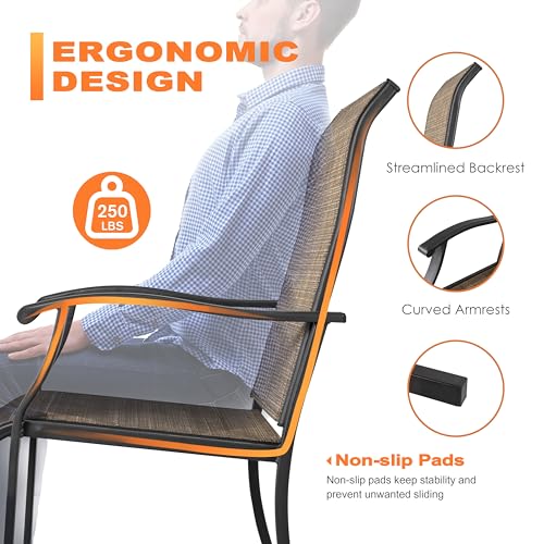 Set of 2 Patio Dining Chairs, High Back Textilene Chairs with Armrest for Indoor Outdoor Use, Iron Frame Patio Furniture Chairs for Garden Deck Backyard Kitchen Restaurant, Black and Brown