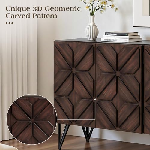 63" Solid Wood Buffet Cabinet with Geometric Doors, Dark Walnut, view 3