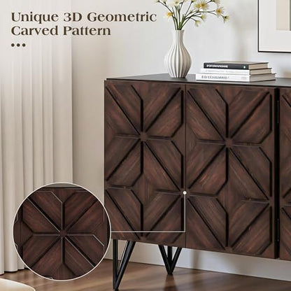 63" Solid Wood Buffet Cabinet with Geometric Doors, Dark Walnut, view 3