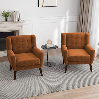Accent Chair, Velvet Upholstered Armchair for Living Room, Modern Club Arm Chairs Comfy Single Sofa Button Tufted Bedroom Reading Seat - Orange, Set of 1