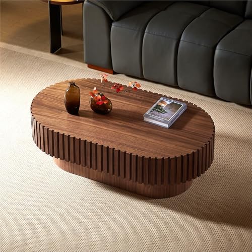 Oval Coffee Table 43.7" Wood CoffeeTable for Living Room Drum ModernCoffeeTable TeaTable Wooden Coffee Tables PedestalCoffeeTable Home Furniture Office Apartment Walnut