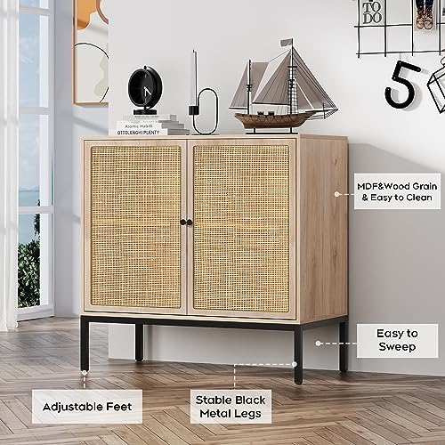 Set of 2 Sideboard Buffet Cabinet with Natural Rattan Decorated Doors, 63" W Rattan Cabinet, Console Storage Cabinet, Boho Credenza for Living Room, Entryway, Dining Room/Square Doors