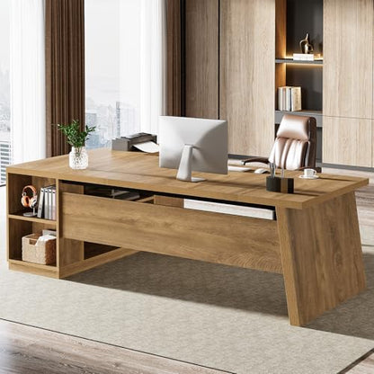 Tribesigns 78" L Shaped Desk with Drawers, Large Executive Office Desk with File Cabinet and Shelves, Modern Corner Computer Table Business Furniture for Home Office, Brown