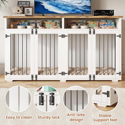 63'' Dog Crate Furniture for 2 Dogs, Wooden Dog Cage with Storage Compartment, view 4
