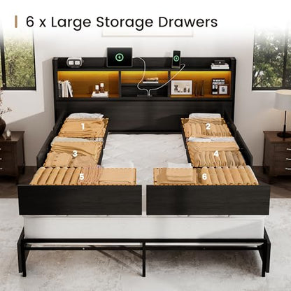 King Storage Bed Frame with 6 Drawers, USB Charging Station, No Noise, view 4