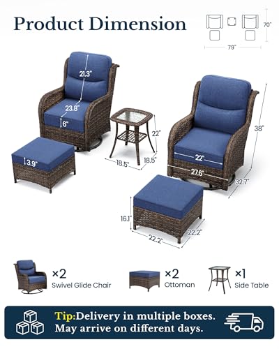 Luxury Outdoor Patio Furniture Set with 6-Inch Thick Cushions, High Back Wicker Swivel Rocker Chairs, 5 Pcs All Weather Chairs Set for Small Porch, Deck and Sunroom, Blue (V3)