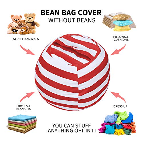 Stuffed Animal Storage Bean Bag Chair Cover, Cotton Canvas Beanbag with Zipper for Organizing Kid's and Adults Room 24" (Red)