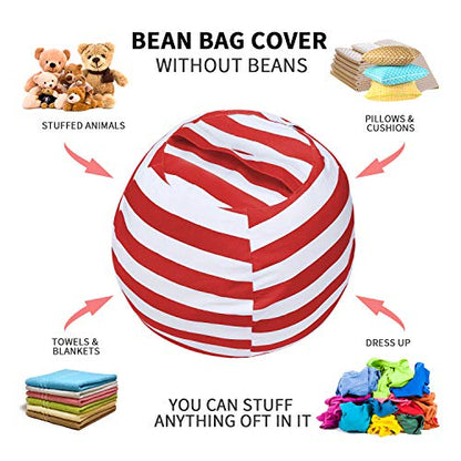 Stuffed Animal Storage Bean Bag Chair Cover, Cotton Canvas Beanbag with Zipper for Organizing Kid's and Adults Room 24" (Red)