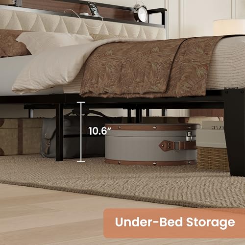 King Size Bed Frame with Headboard and Charging Station, Walnut, view 5