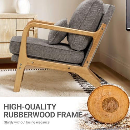 Mid Century Modern Accent Chair Set of 2 with Lumbar Pillow, Relaxing Armchair with Solid Wood Frame & Soft Cushion, Reading Leisure Chair for Living Room（Grey）