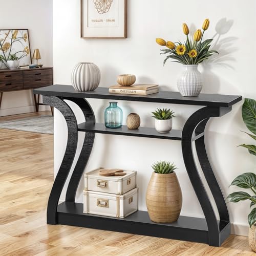 47 in Narrow Console Table, 3 Tier Entryway Table, Wood Sofa Table Decorative Hallway Table with Shelves, Curved Frame for Living Room Front Door Entrance (Black, Flat Surface)