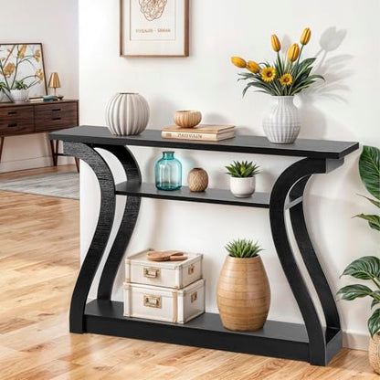 47 in Narrow Console Table, 3 Tier Entryway Table, Wood Sofa Table Decorative Hallway Table with Shelves, Curved Frame for Living Room Front Door Entrance (Black, Flat Surface)