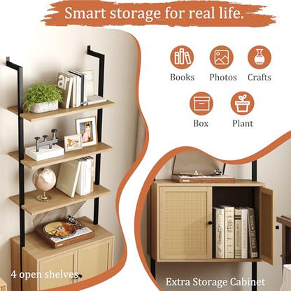 73" Tall Bookshelf with Cabinet, Industrial Ladder Wall Mount Shelf Rattan Bookcase with Wood and Metal Frame, Plant Shelf Wall Storage Display for Living Room Bedroom,Light Ivory Brown