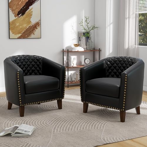 Faux Leather Barrel Accent Chairs Set of 4, Modern Club Arm Chair Comfy Upholstered Single Sofa Chair with Solid Wood Legs and Nailhead Trim for Living Room/Reading Room, Black