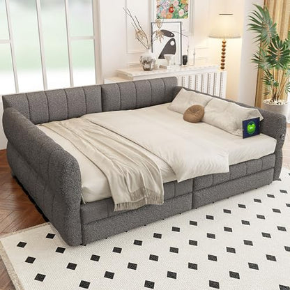 Queen Size Upholstered Daybed Sofa Bed with 2 Drawers, Lambswool Upholstered Platform Bed with USB for Bedroom Living Room Guest Room (Gray-@045)
