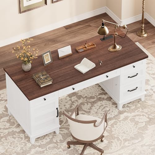 60" Wooden Home Office Desk with File Drawers, Executive Desk with Adjustable Cabinet, Farmhouse Wood Desk with Power Outlet, Distressed Study and Work Table, Rustic White