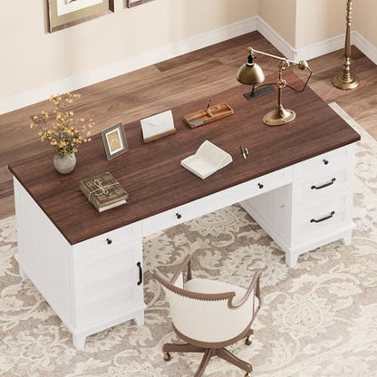 60" Wooden Home Office Desk with File Drawers, Executive Desk with Adjustable Cabinet, Farmhouse Wood Desk with Power Outlet, Distressed Study and Work Table, Rustic White