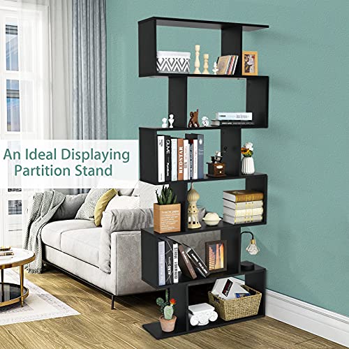 6 Tier S Shaped Bookshelf, 31.5''L x 9''W x 75''H, Wooden Bookcase and Bookshelves w/Anti-Toppling Device, Room Divider Display Shelves for Living Room, Home Decor, 6 Shelf Bookshelf