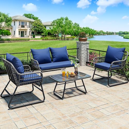 4 Piece Patio Furniture Set, Wicker Outdoor Bistro Set, All Weather Rattan Patio Conversation Set with Soft Cushions and Glass Side Table for Backyard, Balcony, Deck - Navy Blue