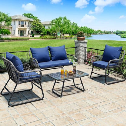 4 Piece Patio Furniture Set, Wicker Outdoor Bistro Set, All Weather Rattan Patio Conversation Set with Soft Cushions and Glass Side Table for Backyard, Balcony, Deck - Navy Blue