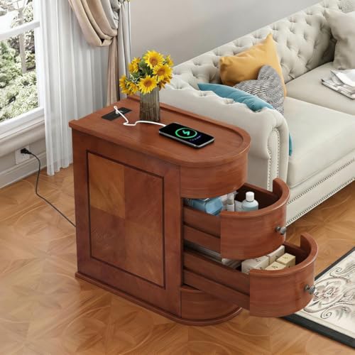 Narrow Solid Wood End Table with Charging Station, Brown | Vintage Slim Sofa Side Table & Nightstand, 2 Drawers, Compact Wood Storage, Fully Assembled