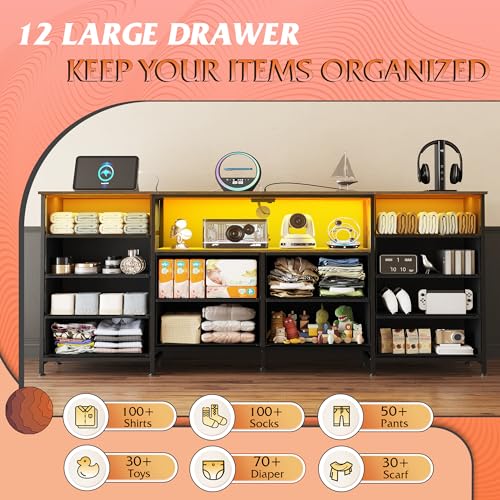 Dresser TV Stand for 75 Inch TV, 12 Drawer LED Dresser, Rustic Brown, view 5