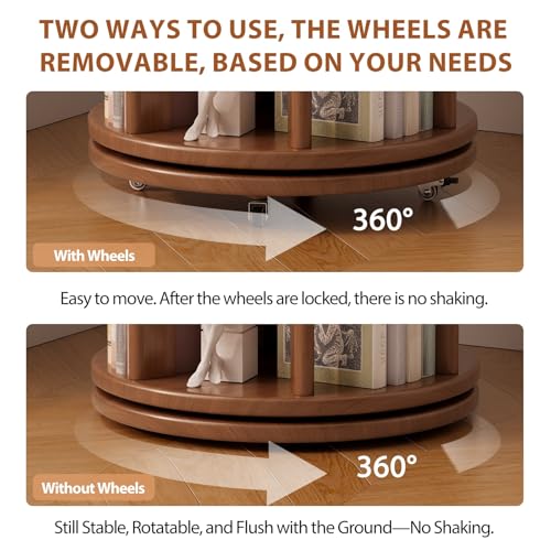 6 Tier Rotating Bookshelf Tower, Solid Wood Bookshelf on Wheels, Circular Book Shelf Rotating, Revolving Bookcase for Small Spaces, Corner Book Case, Spinning Book Shelf for Bedroom, Walnut