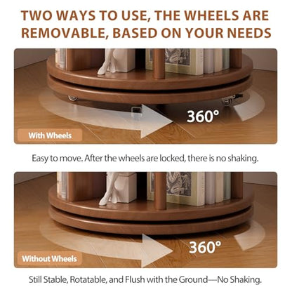 6 Tier Rotating Bookshelf Tower, Solid Wood Bookshelf on Wheels, Circular Book Shelf Rotating, Revolving Bookcase for Small Spaces, Corner Book Case, Spinning Book Shelf for Bedroom, Walnut