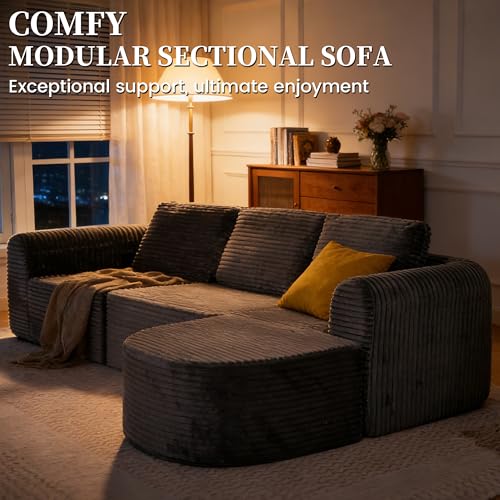 108” Modular Sectional Sofa, Boneless Couches for Living Room, Deep Seat L-Shape Cloud Couch with Chaise, Comfy Sofa Freely Change Configurations No Assembly Required, Soft Plush Corduroy Fabric(Grey)