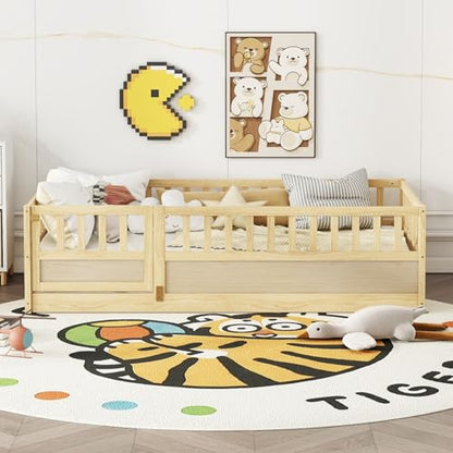 Montessori Wooden Floor Bed Frame, Integrated Kids Sleeping Bed with Safety Barrier and Access Door, Sturdy Pine Bedroom Furniture for Children Daily Rest (Natural,78 * 41'' +Support Plate)