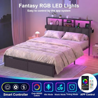 Queen Bed Frame with LED Lights, Storage Drawers and Charging Station, view 5
