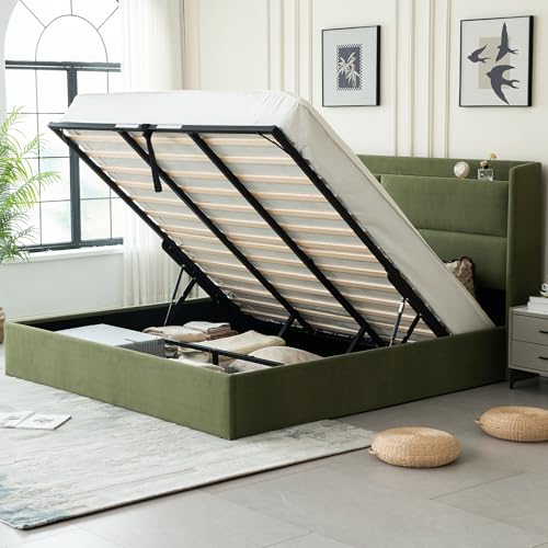 King Hydraulic Lift Storage Bed Frame，Upholstered Headboard，Green, view 2