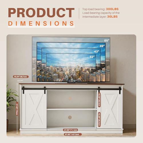 Farmhouse TV Stand 65 Inch for Living Room Bedroom White, view 4
