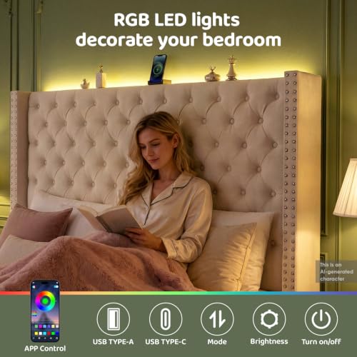 Queen Upholstered Bed Frame with RGB LED Lights and Charging Station, view 5