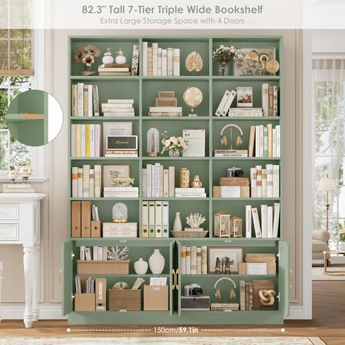 82.3" Triple Wide Bookshelf, 7-Tier Tall Bookcase with 15-Cube Open Bookshelf & 4 Doors, Large Bookshelf with Storage Cabinet, Modern Bookshelf for Living Room, Office, Study Room, Green