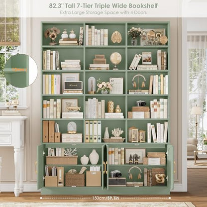 82.3" Triple Wide Bookshelf, 7-Tier Tall Bookcase with 15-Cube Open Bookshelf & 4 Doors, Large Bookshelf with Storage Cabinet, Modern Bookshelf for Living Room, Office, Study Room, Green