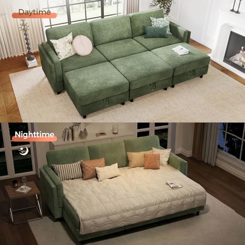 Modular 83'' 6 Seater Sofa Bed - Sectional Sofa with Storage Ottoman, Convertible U/L -Shaped Sleeper Couch for Living Room, Modern Reversible Design, Green