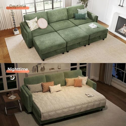 Modular 83'' 6 Seater Sofa Bed - Sectional Sofa with Storage Ottoman, Convertible U/L -Shaped Sleeper Couch for Living Room, Modern Reversible Design, Green