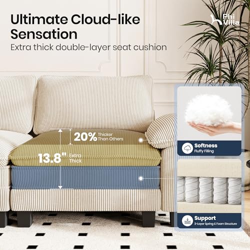 Cloud Modular Couches Sets, 3 Pieces Large Sectional Sofa Set with Loveseats & Armchair, 6-Seater Upholstered Couch for Living Room, Corduroy Fabric, Beige