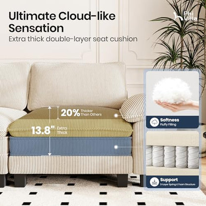 Cloud Modular Couches Sets, 3 Pieces Large Sectional Sofa Set with Loveseats & Armchair, 6-Seater Upholstered Couch for Living Room, Corduroy Fabric, Beige