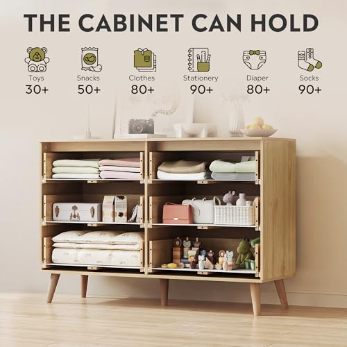 Rattan TV Stand, 6-Drawer 47.24'' Wide Boho Wood TV Console, Gold Metal Handle, TV Stand for 55 inch TV, Storage for Living Room, Office, Light Oak